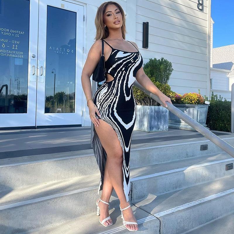 New Women'S Clothing Autumn New Printing Sexy Backless Hollow Split Suspender Dress