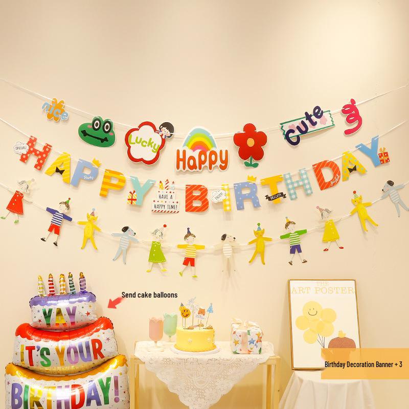 First Birthday Party Hanging Decoration: Happy Birthday Banner with Pom Poms and Bunting for Kids.