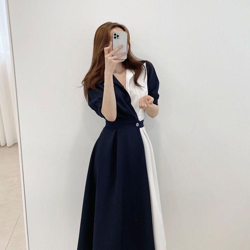 

Французское усовершенствованное платье-рубашка с длинной юбкой и талией Sense в стиле меньшинства 2XL тёмно-синий