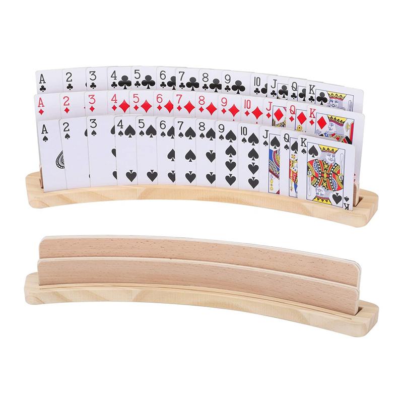 ABWR-2Set Curved Wooden Playing Cards Holder Tray Rack Organizer Solid Card Holder For Bridge Canasta Strategy Card Playing