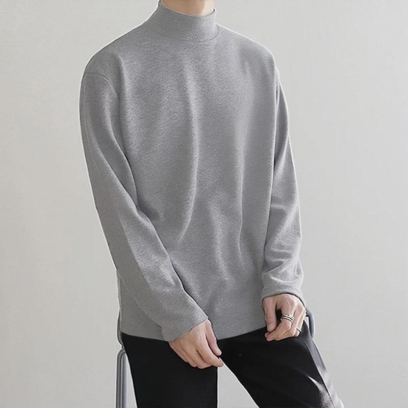 Men's Double-Sided Velvet Half-High Collar Long-Sleeve Black T-Shirt for Autumn and Winter