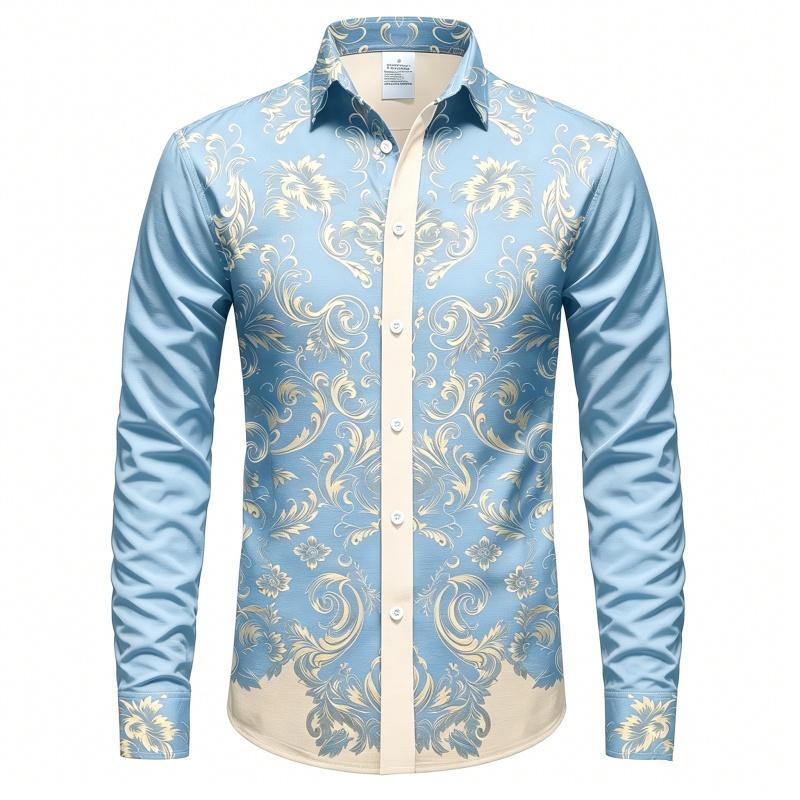 2026 Men's Shirt Long Sleeved Shirt Navy Blue Retro Vine Print Contrasting Shirt Casual Vacation Light Luxury Trendy Top