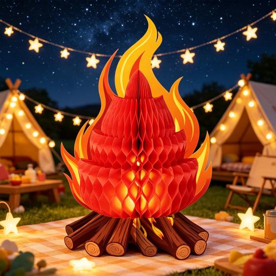 Fake Campfire Decoration 3D Paper Honeycomb Campfire Centerpiece Artificial Flame Folding