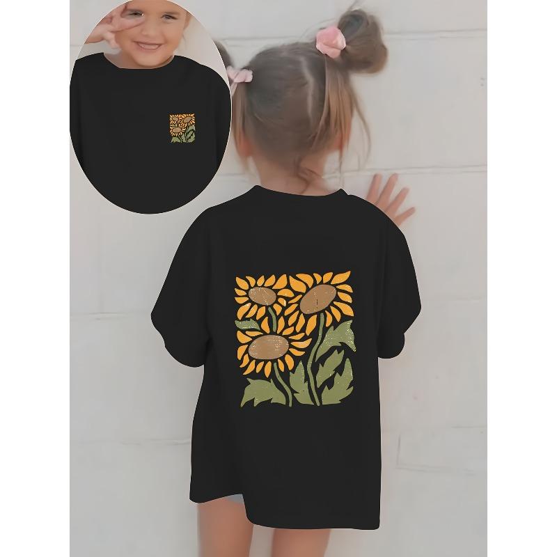 European sizes Spring Summer Girls' Casual / Fashion Front Back Print Short Sleeve T-Shirt / Trendy Sunflower Pattern / Versatile Stylish Top