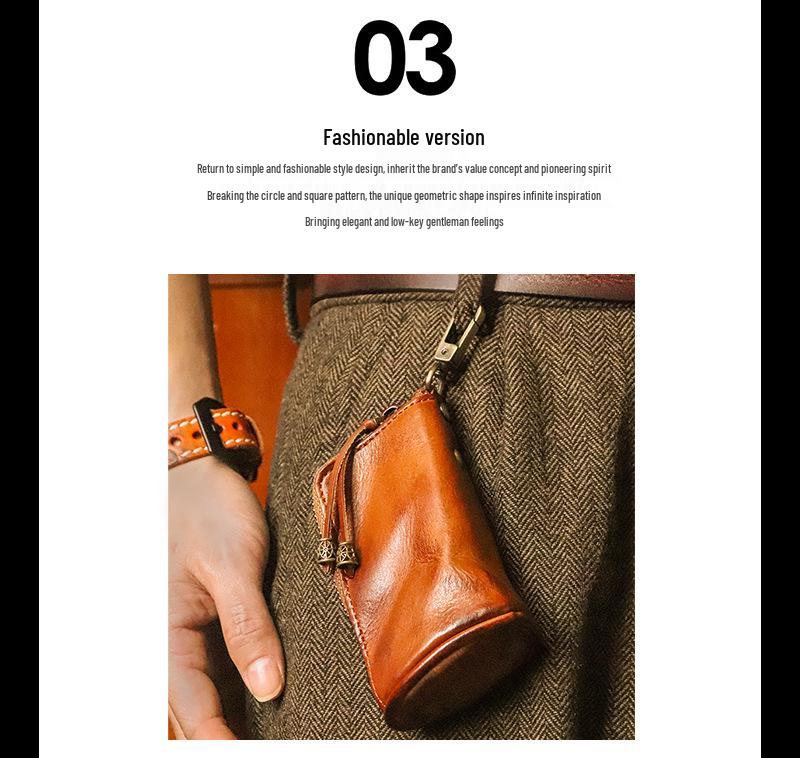 Men's Retro Genuine Leather Waist Key Holder: Large Capacity Cowhide Bucket Bag with Multifunctional Zipper Pouch.