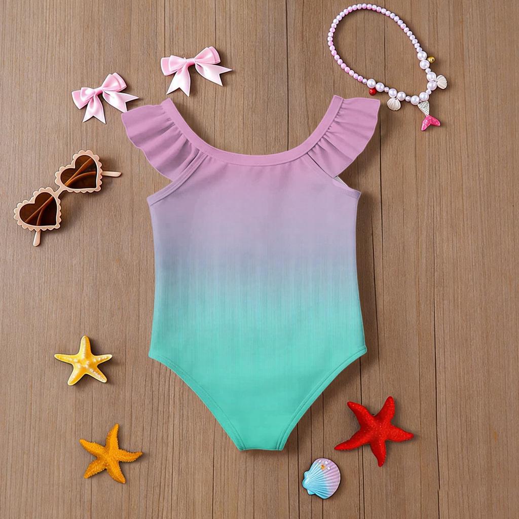 Girls One Piece Swimsuit Gradient Print Sleeveless Ruffle Shoulder Swimwear Summer Beachwear Kids Bathing Suit