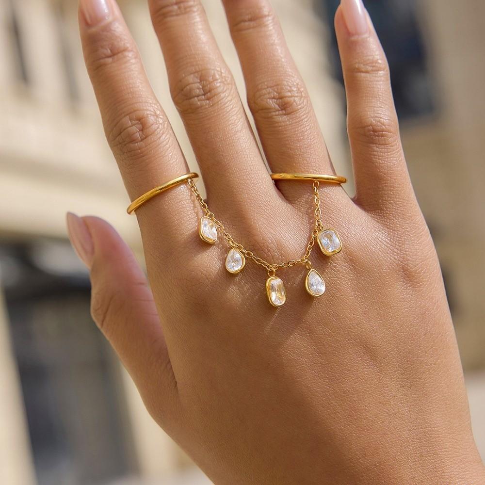 Gold Color Cubic Zirconia Rings Drop-shaped Gothic Style Rings Tassel Pendant Rings  Jewelry
