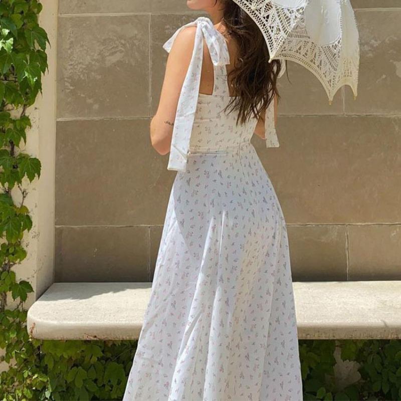 Fashion Floral Backless Summer Women's Dress Sexy Lace-up Spaghetti Strap Split Casual Dresses Women Slim Fit Print Vacation Beach Ladies Dress 26273