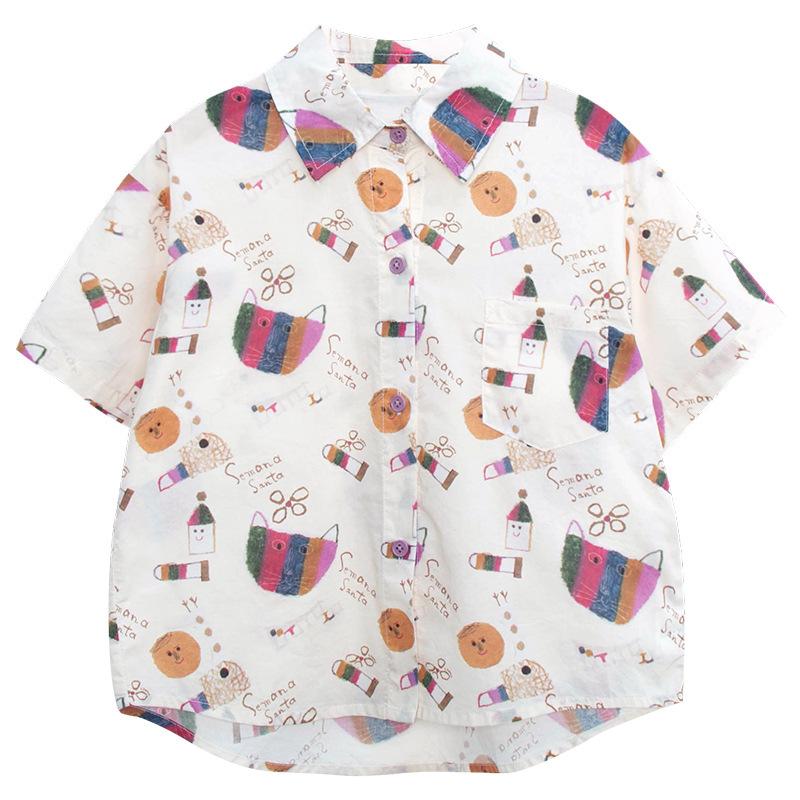 Boys Cartoon Print Short Sleeve Cotton Shirt Kids Korean Style Casual Summer Clothing 90cm