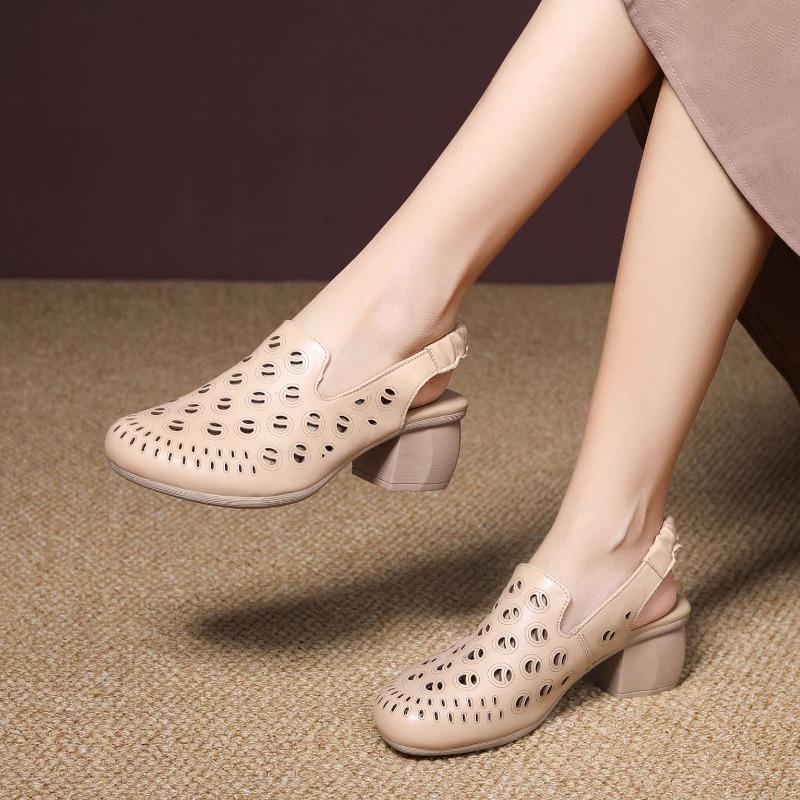 Summer New First-layer Cowhide Bag Head Breathable Thick Heel Middle Heel Hollow Sandals Retro Classic Versatile Elegant Shoes