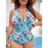 Plus Size Vacay Tankini Set, Women's Plus Tropical Print Lace Up Side Halter Top & Panty Swimsuit 2 Piece Set