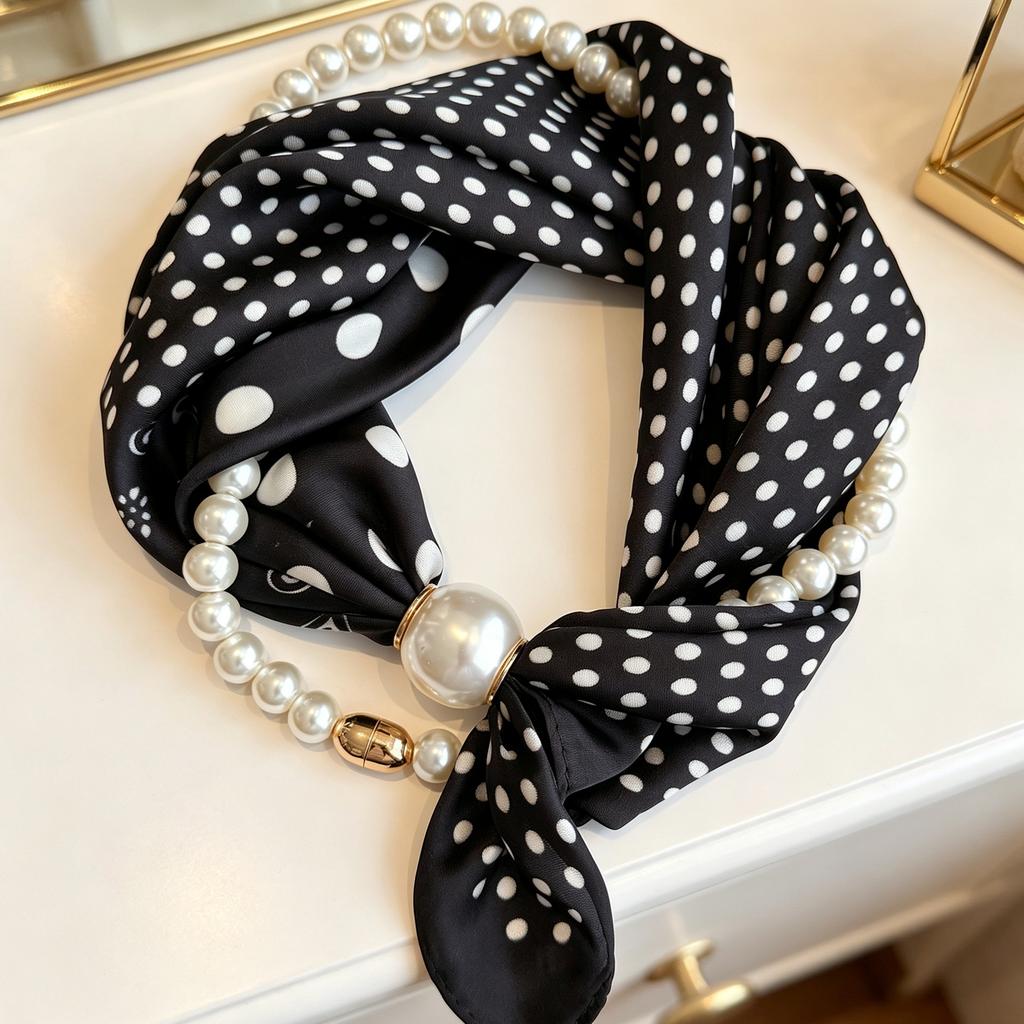 Popular Magnetic Buckle Pearl Necklace Silk Scarf Classic Striped Design Small Scarf Women's Protection Collar Anti-sun Thin Scarf