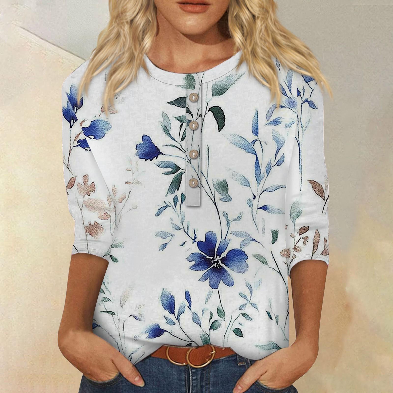 

Женская мода повседневная 3/4 рукава цветочный принт пуловер круглый вырез топ повседневная одежда XL