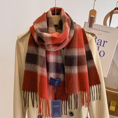 Classic 100 Wool Plaid Red Scarf for Men and Women, Warm Autumn and Winter Cashmere Scarf