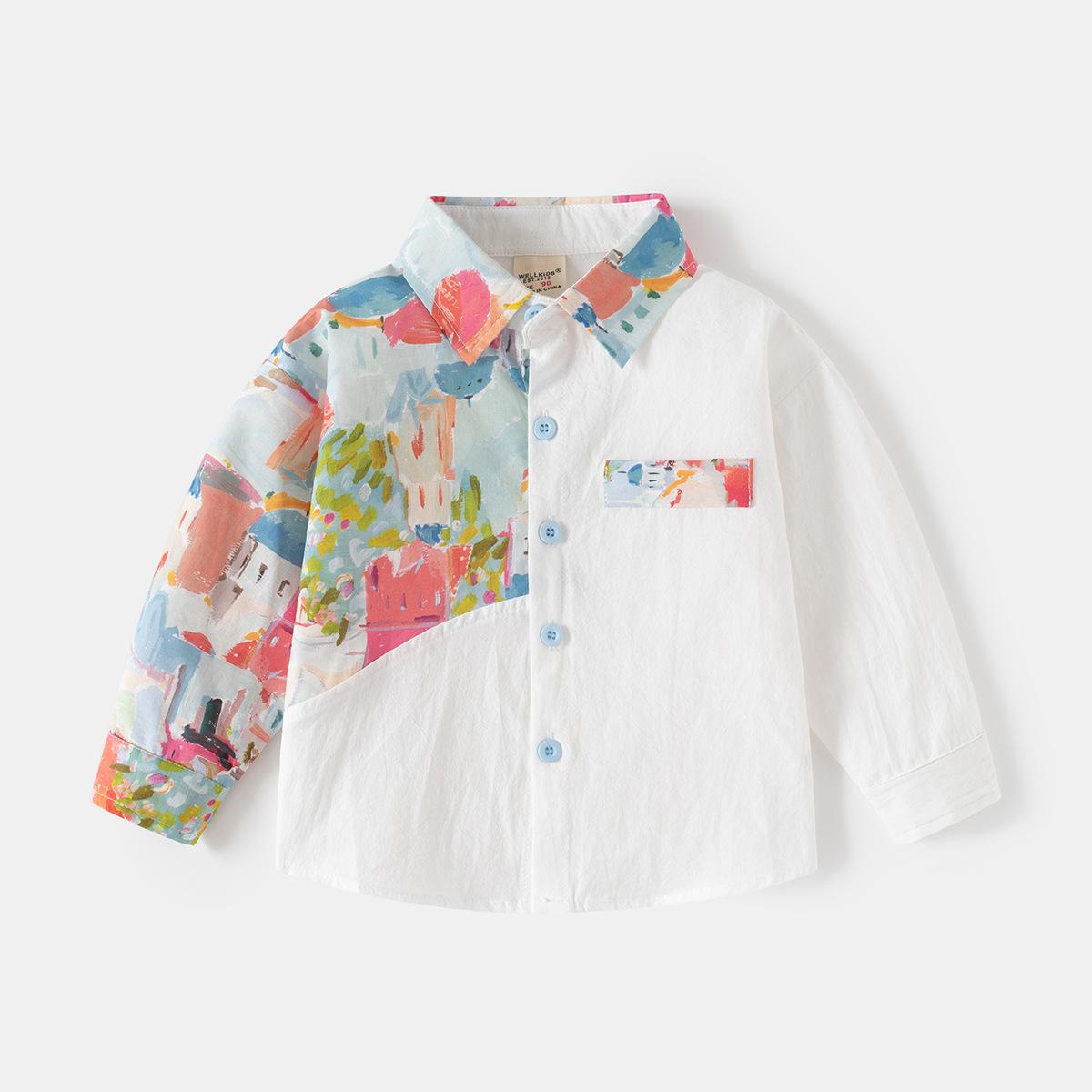 

Детские рубашки Повседневные топы для мальчиков Рубашка для девочек осень 2025 новая детская мультяшная расписная одежда 130cm