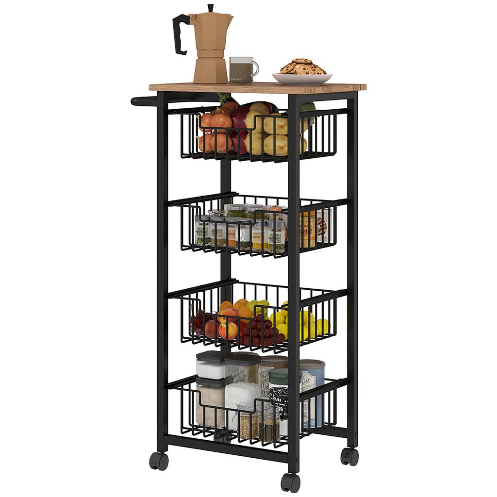 Four Basket Mobile Kitchen Island, with Brakes - Oak/Black