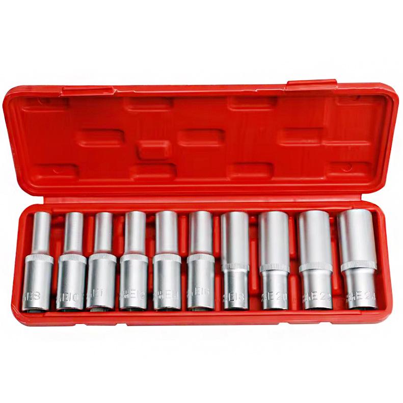 10-Piece 1/2" E8-E24 External Hex Long Deep Socket Wrench Set, CR-V Steel