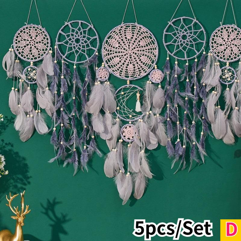 5pcs Boho Handmade Dreamcatcher Set Vintage Home Wall Artificial Imitation Feather Decorative Wall Hanging Bedroom Decorations