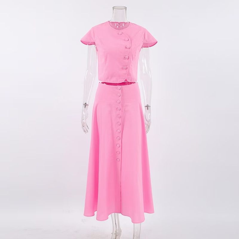 

Western Style New Fashion Solid Short sleeve Shirts High Waist Skirt sets Shirt and Skirt Set Pink M