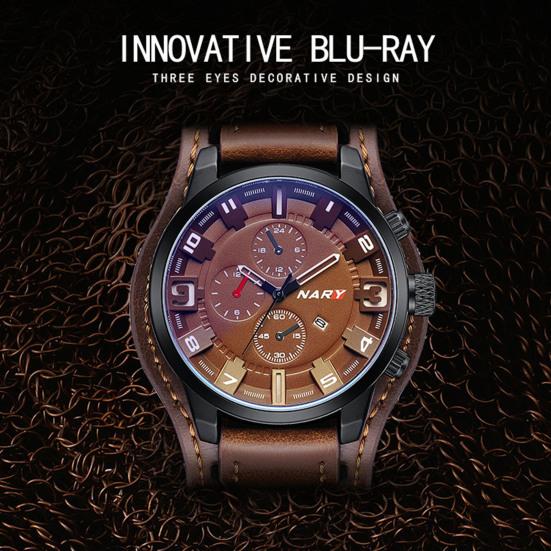 

NARY Мужской ремешок из искусственной кожи Life Водонепроницаемые спортивные часы с большим циферблатом синего стекла Кварцевые наручные часы