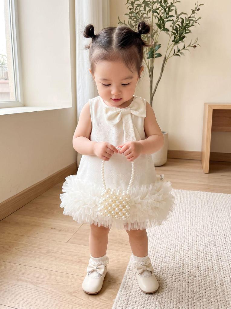 Nuovo Vestito Estivo Principessa con Fiocco per Neonate - Dolce Gonna in Rete, Set Stile Coreano