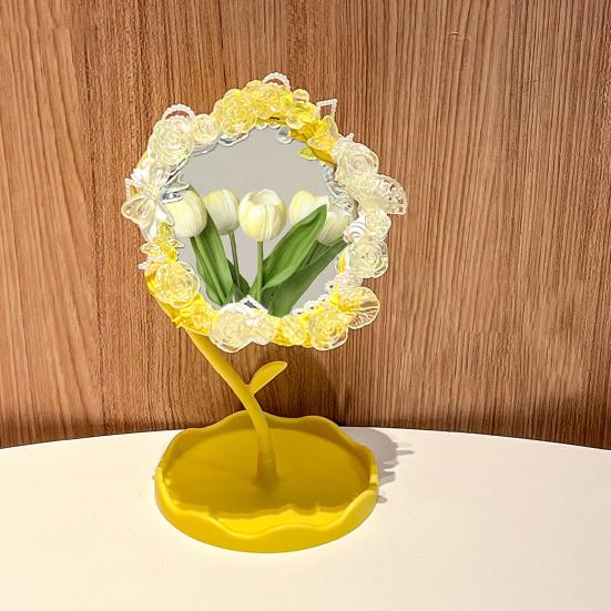 DIY Handmade Flower Desk Mirror with Storage Tray Rotatable Desktop Vanity Mirror Multi-purpose Women Makeup Table Mirror Jewelry Organizer