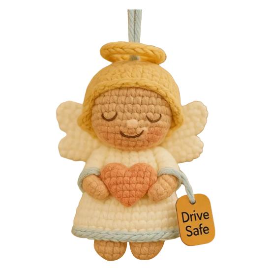Crochet Angel Car Charm Handmade Knitting Angel Car Rear Mirror Hanging Accessories with Drive Safe Tag New Driver Blessing Present