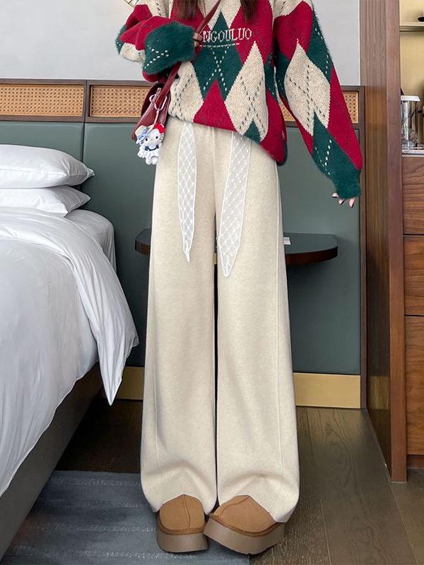 Damen Strickhose mit weitem Bein und Spitzenbund - Hochtailliert, schlankmachend und lässig für Herbst/Winter 2025.