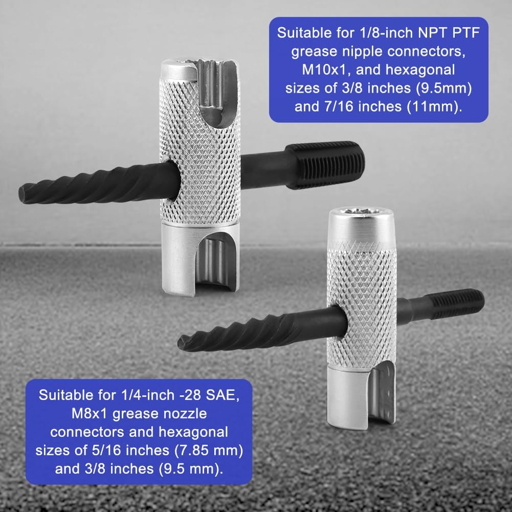Grease Zerk Tool, 4 Way Zerk Grease Fittings Removal Tools Fit 1/4"-28 SAE, 1/8"-NPT, M10x1 M8x1 and Hex Size 3/8" 5/16" 7/16" for Install, Remove,