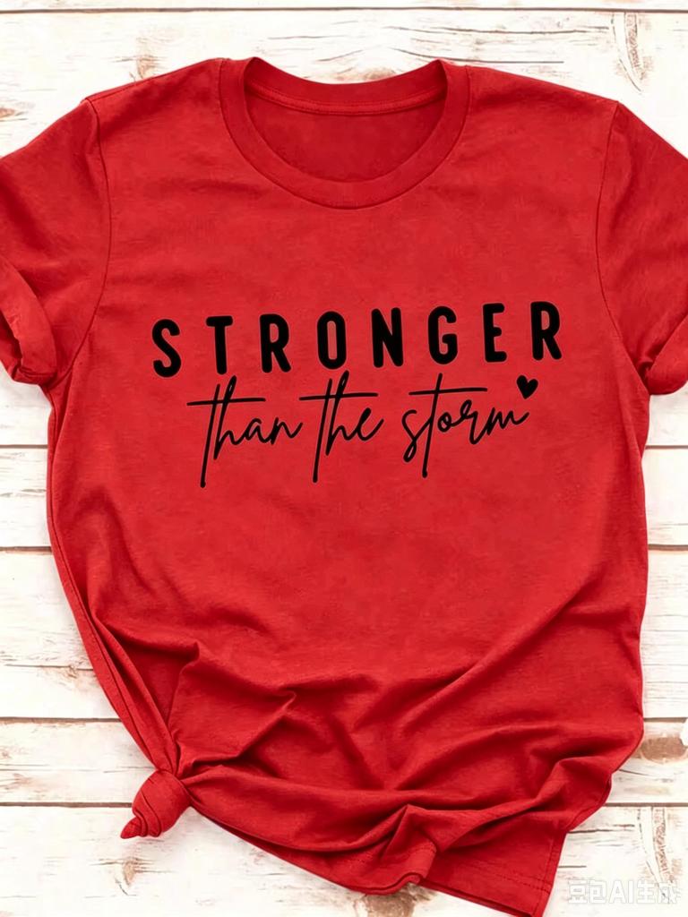 Crew Neck Short Sleeve T Shirt Stronger Than The Storm Inspirational Slogan Graphic Print Mustard Color Casual Spring Summer Daily Streetwear Tops