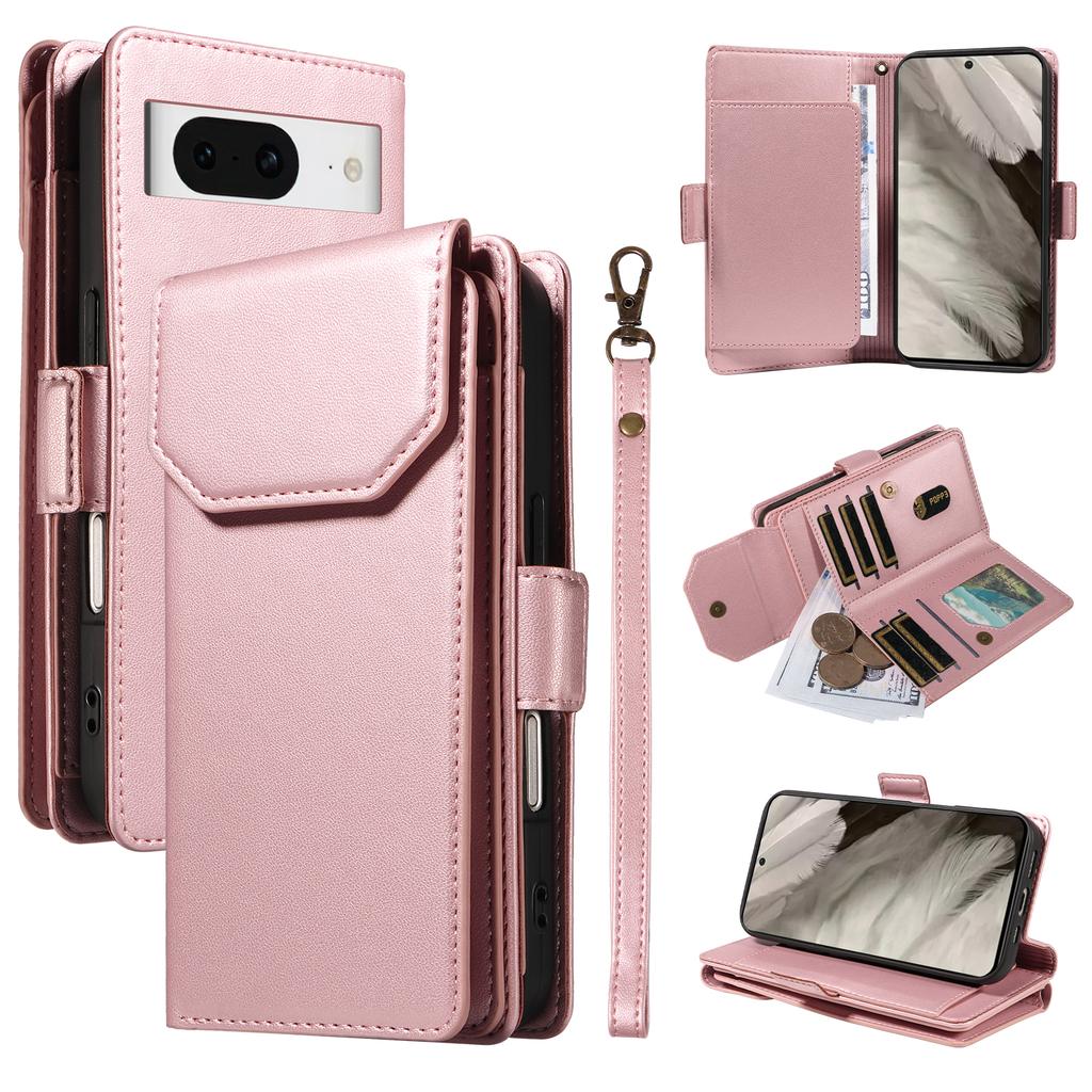 For Google Pixel 8 Case with Multi-Card Holder and Strap PU Leather Phone Cover Stand