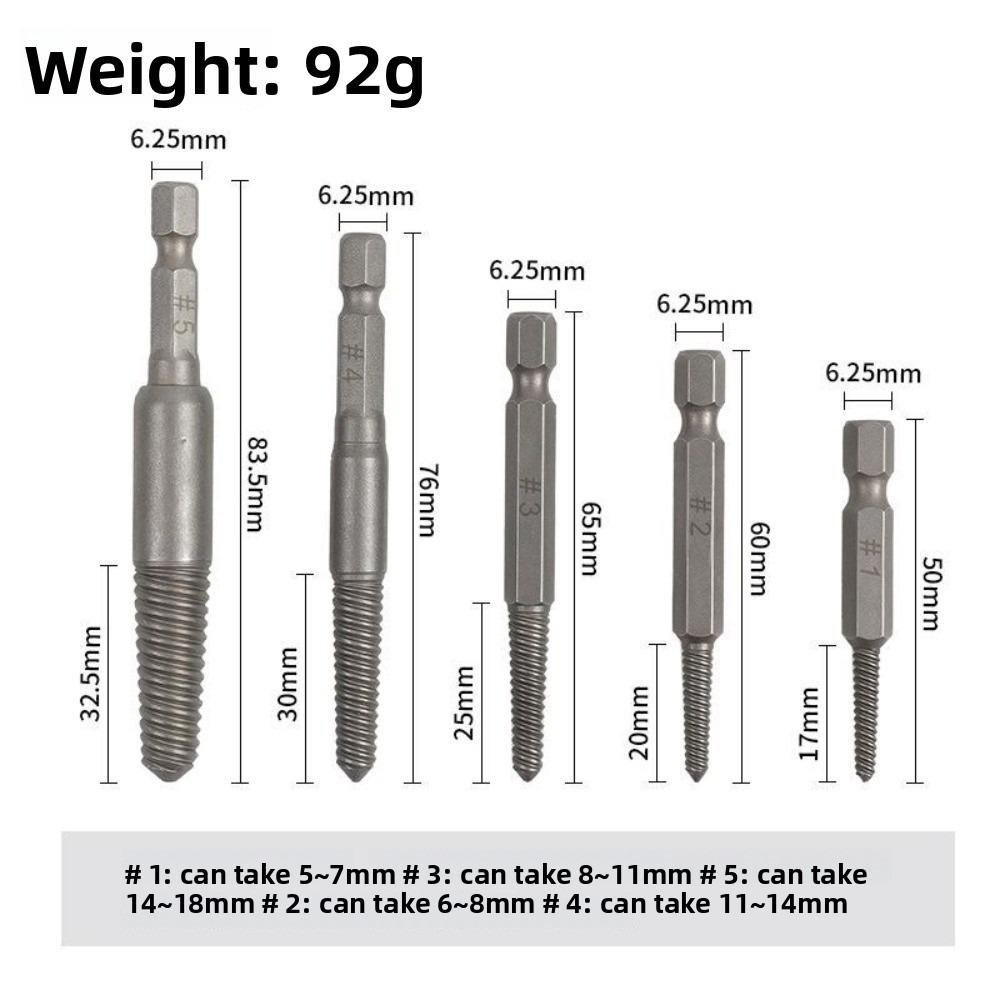 

5 шт. Экстрактор поврежденных винтов и съемник 1/4 дюйма Практичный ручной инструмент Насадка для дрели 5PCS