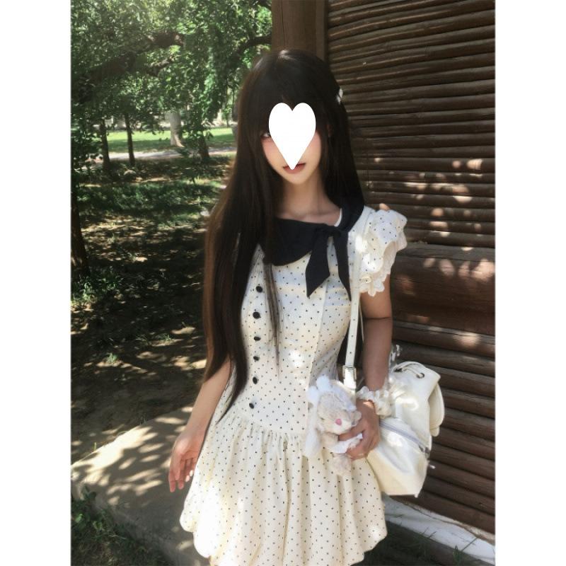Thousand Gold Wind Bow Polka Dot Dress Women's Summer Retro Small Man Waist and Thin Temperament Fluffy Short Skirt