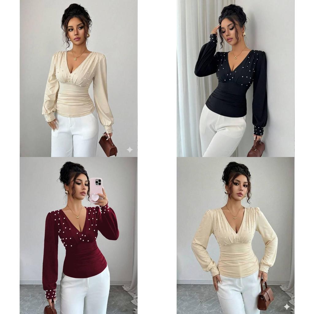 Elegant Long Sleeve T Shirt With Pearl Embellishments For Office Wear