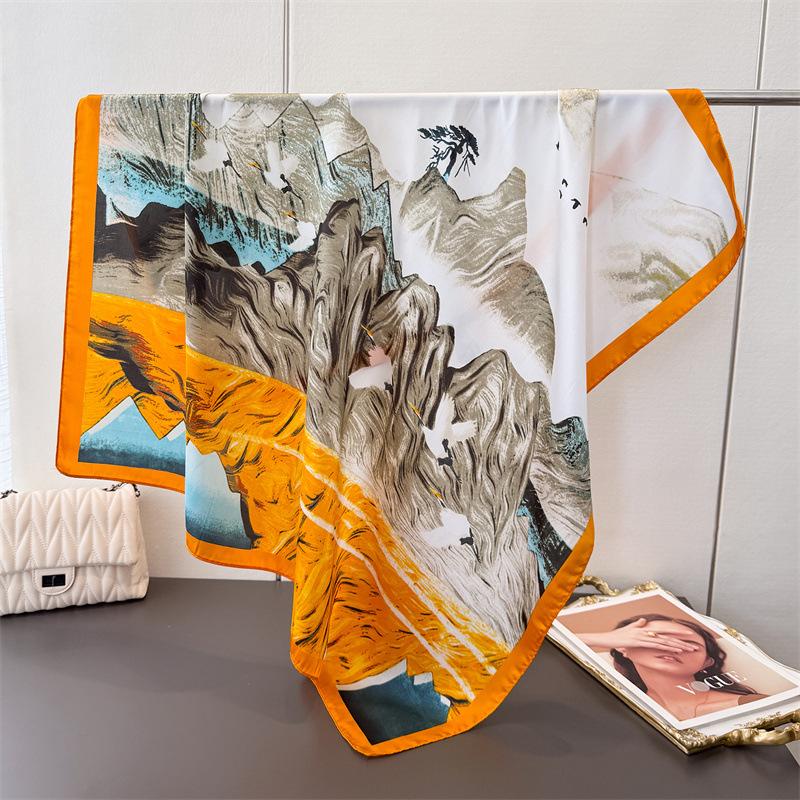 Abstract Color Block Simulation Silk Printing Large Square Scarf Silk Scarf Shawl Headscarf Beach Scarf Neck Protection Scarf Decorative Women'S Scarf