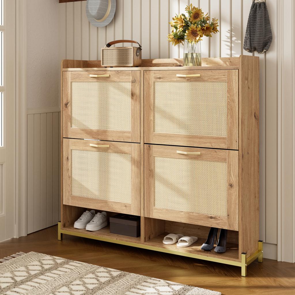 Elegant Wooden Shoe Cabinet with Rattan Doors – 4 Doors, Metal Frame and Top Shelf for Stylish and Organized Storage.