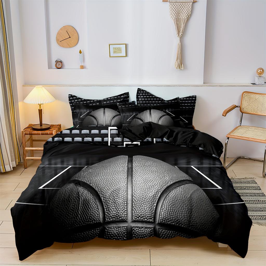Black basketball quilt cover three-piece set 3D ball sports theme down quilt cover Europe and America