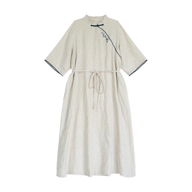 Women's 2024 Summer Retro Embroidered Cheongsam Dress with Stand Collar