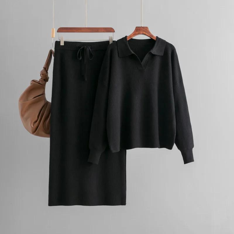 

New Fashion Skirts Set 2026 A-line Skirt Sweater Loose Two-piece Sets Knitted POLO Collar Autumn Winter Loose Women Lazy Sweater One Size чёрный