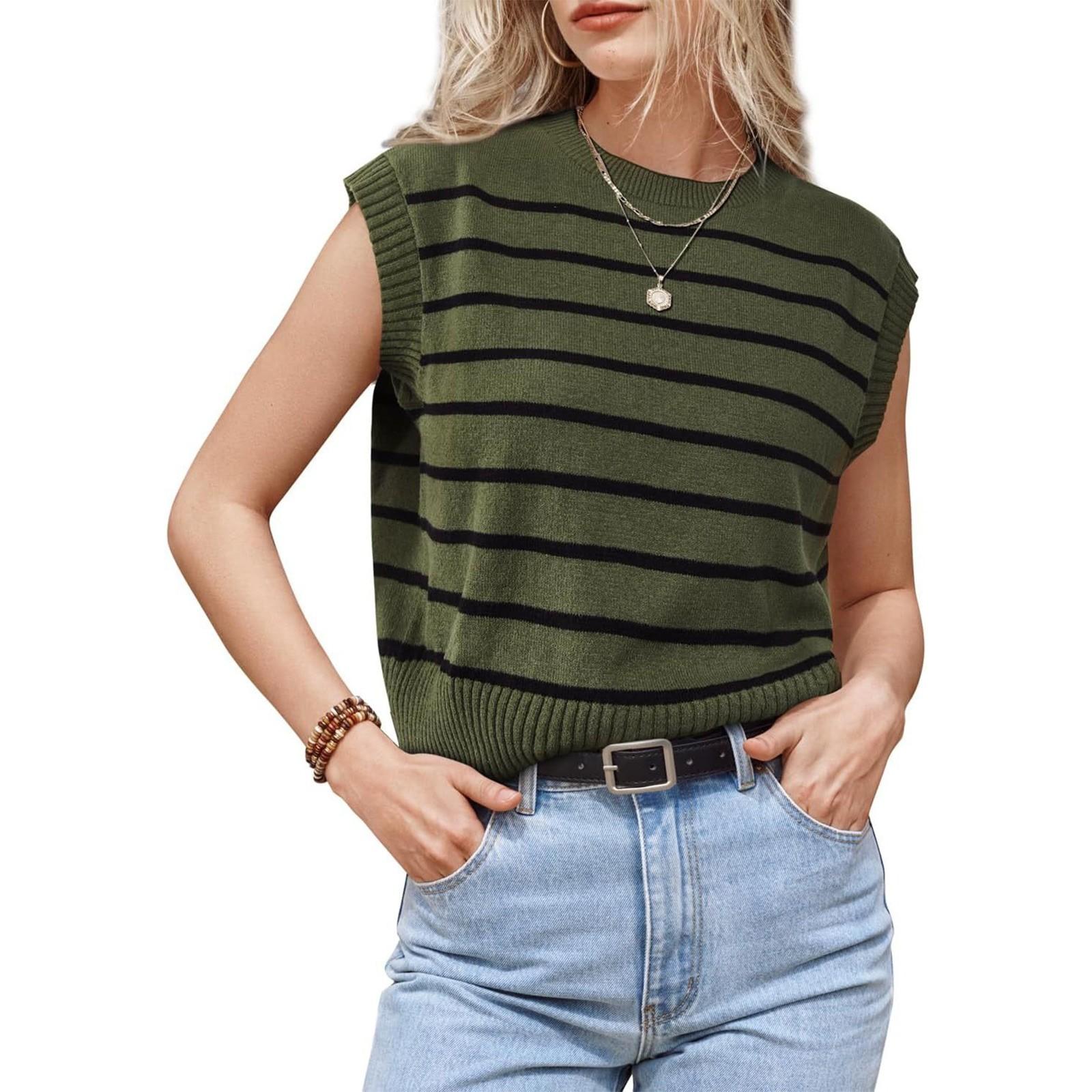 

Женский жилет без рукавов, вязаный пуловер в полоску с круглым вырезом, повседневный топ L армия зеленый