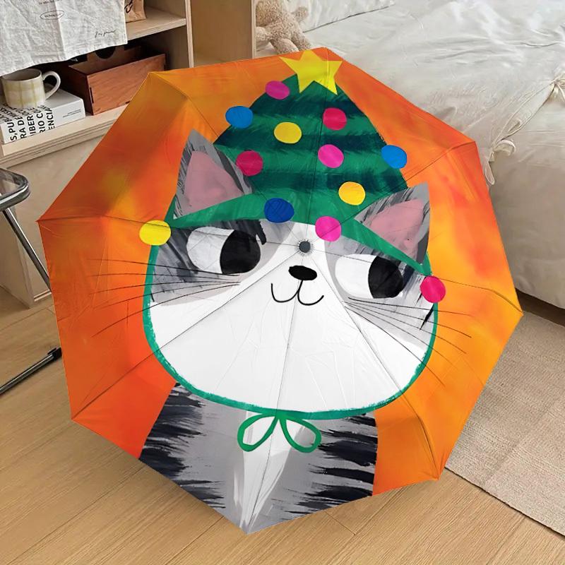1pc Cat Christmas Automatic Folding Umbrella - Portable Collapsible Design, 8-Rib Iron Frame, Playful Design yy251215231