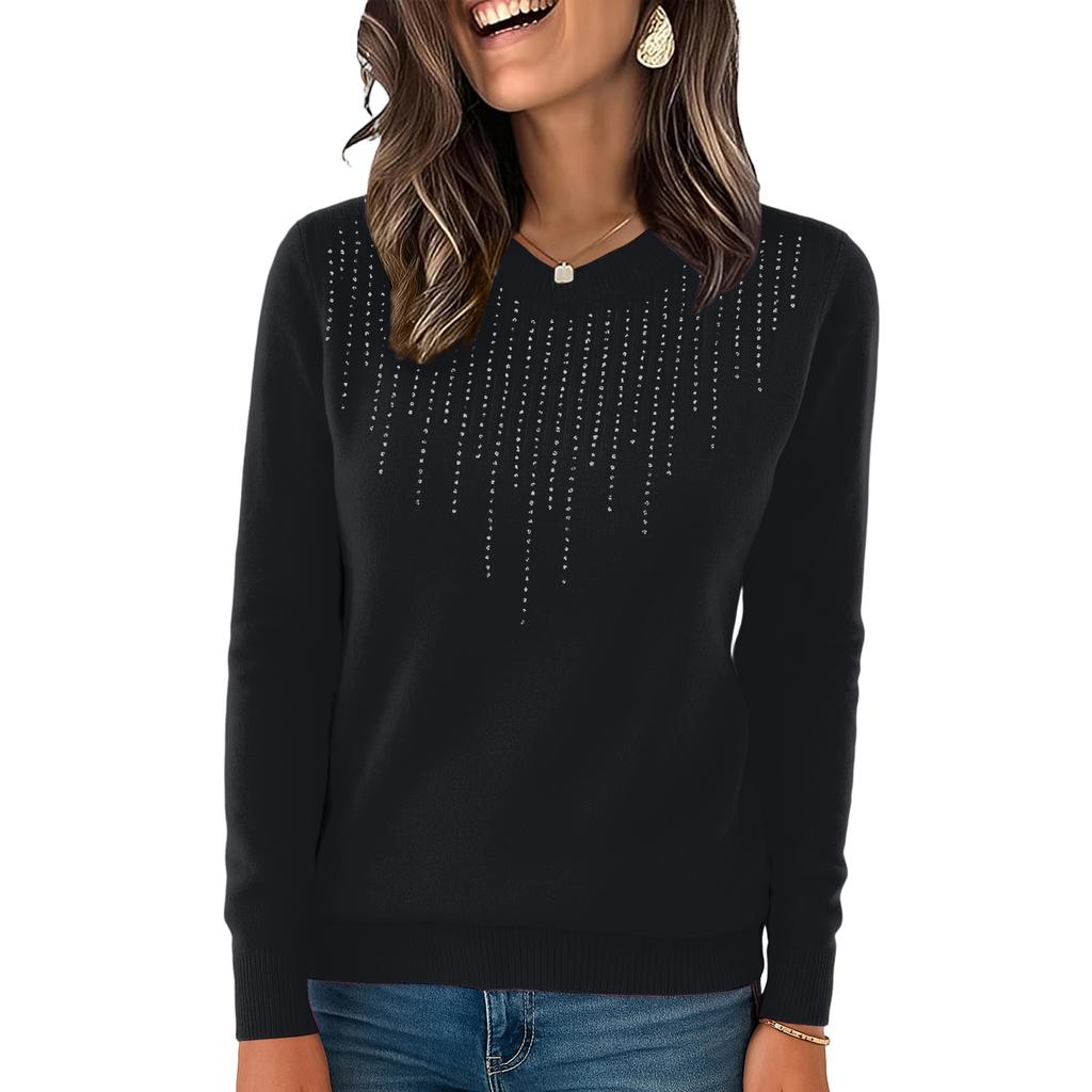 Women's Knitted Solid Color Long Sleeved Round Neck Pullover, Base Shirt, Top