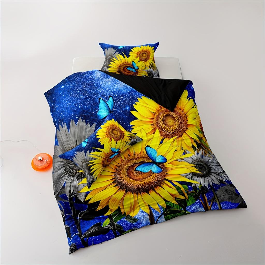 Comforter All-Season Breathable Polyester Sunflower And Butterfly With Zipper Closure Digital Print Floral Sky Pattern