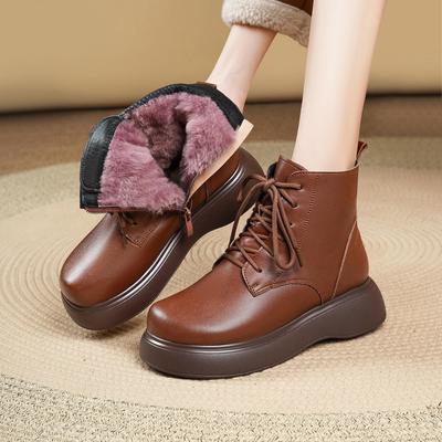 2025 A/W Women's British Style Genuine Leather Martin Ankle Boots with Thick Soles, Retro Fleece-Lining, and Wool To Toe Snow Protection