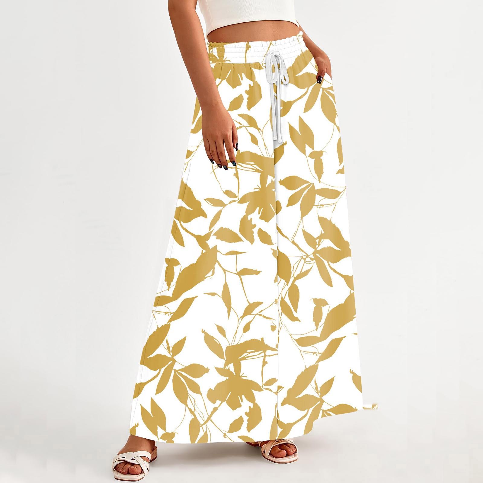 

Женские широкие брюки с высокой талией, летние повседневные широкие брюки с струящимися карманами, пляжные брюки с цветочным принтом XL жёлтый
