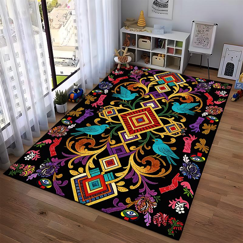 Colorful Abstract Carpet with Birds, Floral Patterns, and Geometric Shapes Suitable for Use As an Anti-slip for Living Room Bedroom Sofas