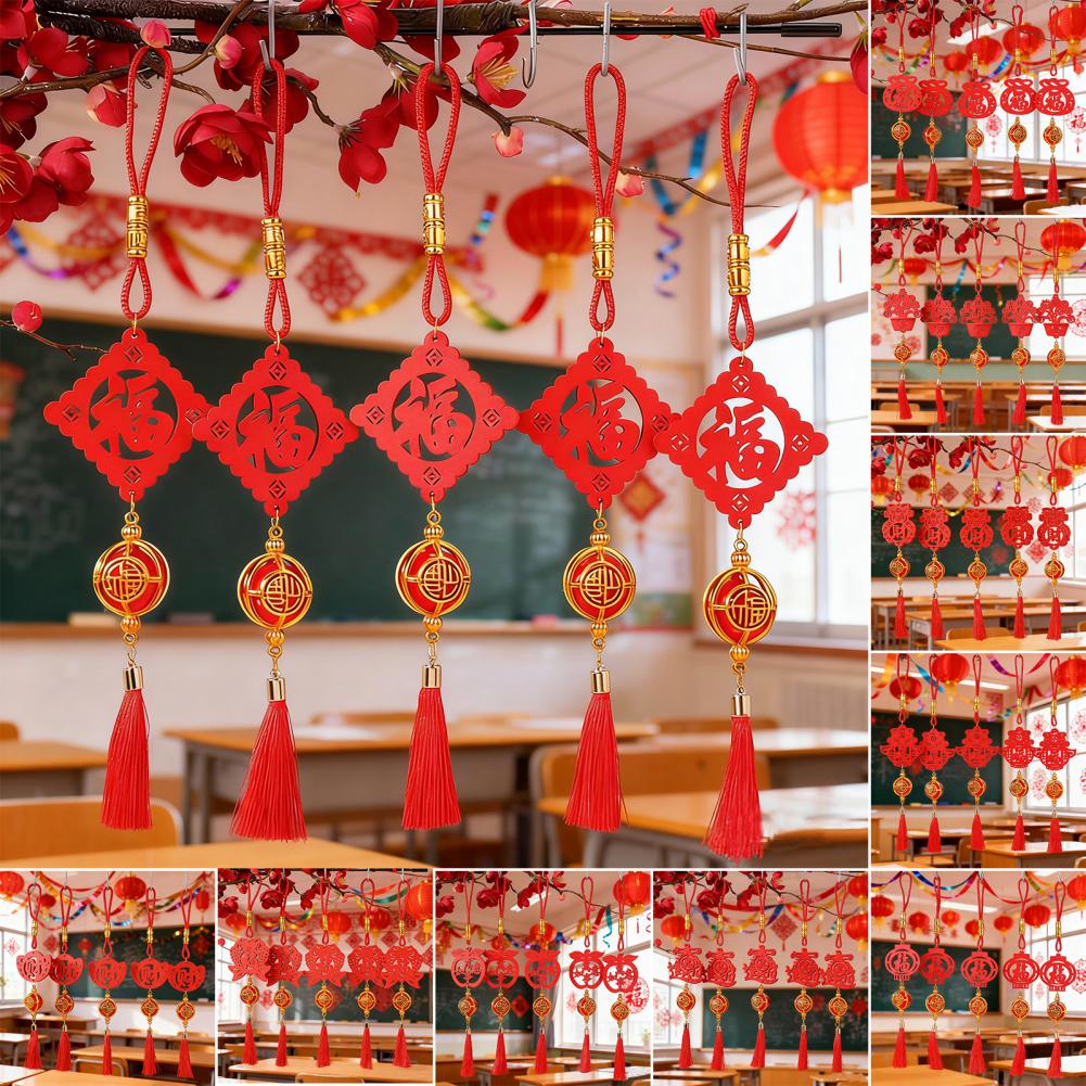 New Year Pendant Wooden Hollow Pendant Chinese New Year Wooden Plaque Ornaments with Tassels Lucky Fu Pendant for Home