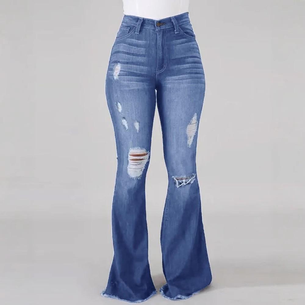 Elastic High-Waisted Flare Ripped Jeans for Women S