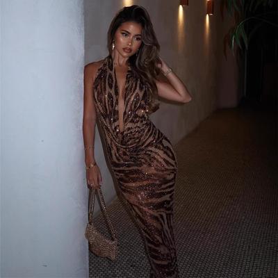 Women's Fashion Sexy V-neck Halter Dress Classic Leopard Print Sequin Dress