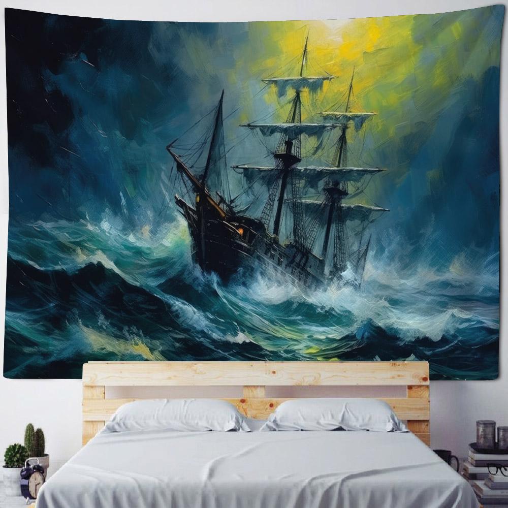Ozean Ölgemälde Wandteppich Retro Piratenschiff Wandbehang, Hippie Heimdekoration Wandbild, Wohnzimmer und Schlafzimmer Kunstdekoration
